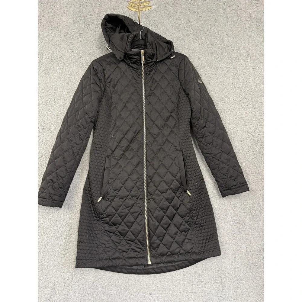 Michael Michael Kors Coat Womens Small Black Quilted‎ Hooded Puffer Long Zip